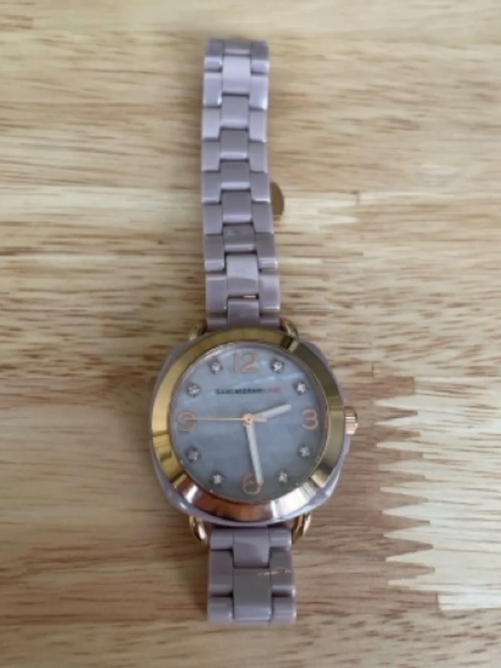 Isaac Mizrahi Mauve Ceramic Watch Gold Trim Rhinestone Accents
